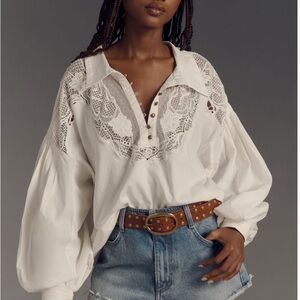 Anthropology Maeve Balloon-Sleeve Collared Elegant White Lace Women's top